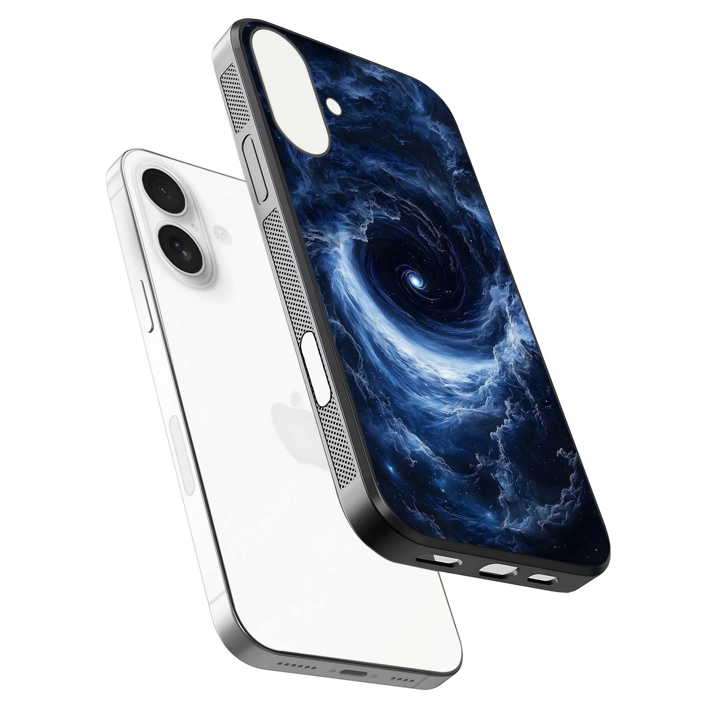 Stunning Galaxy Glass Case for iPhone 17 floating dual-view mockup displaying gloss shine and vivid print depth