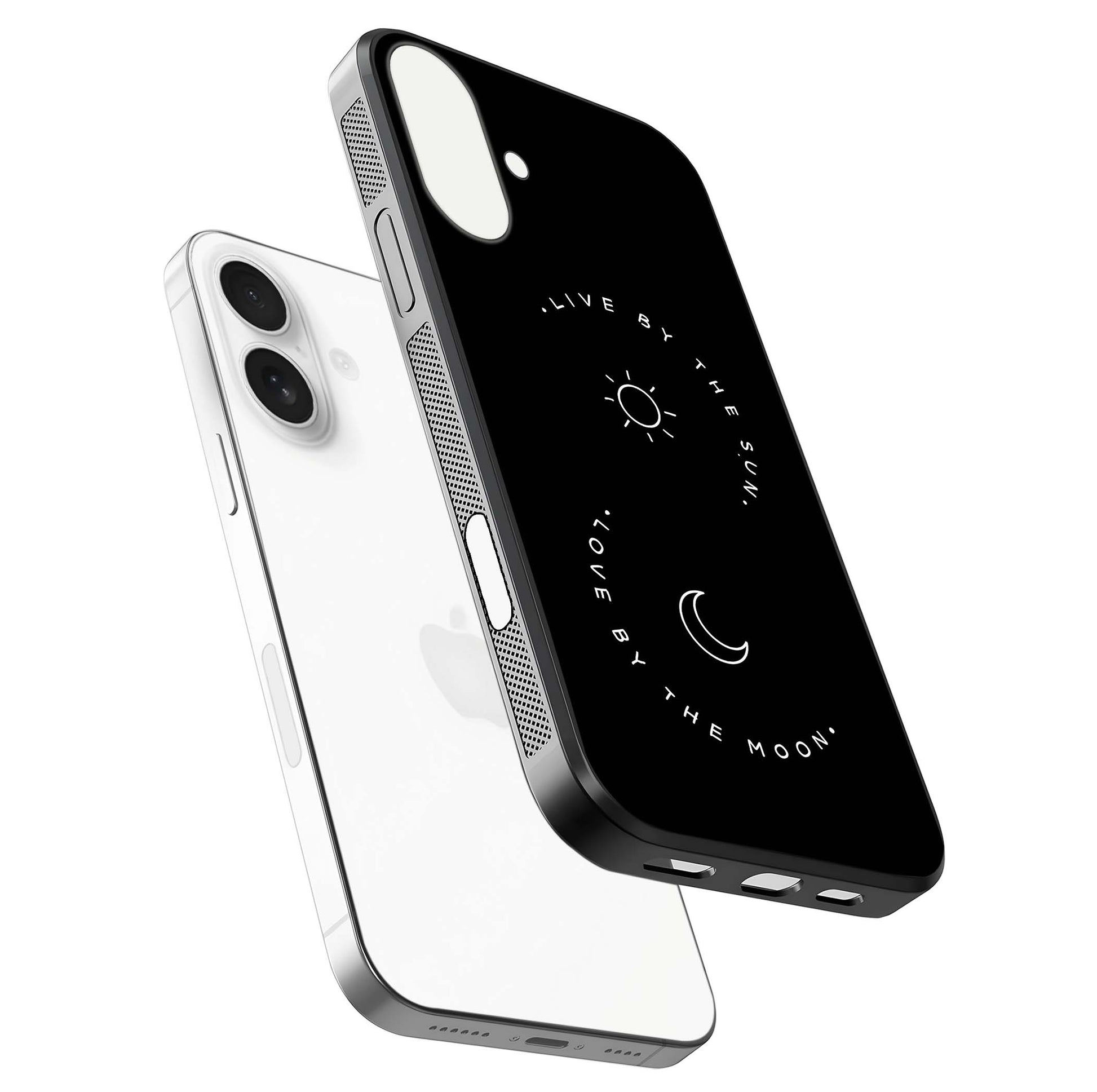 Sun Moon Balance Glass Case for iPhone 17 floating dual-view mockup displaying gloss surface and edge clarity