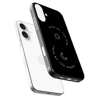 Sun Moon Balance Glass Case for iPhone 17 floating dual-view mockup displaying gloss surface and edge clarity