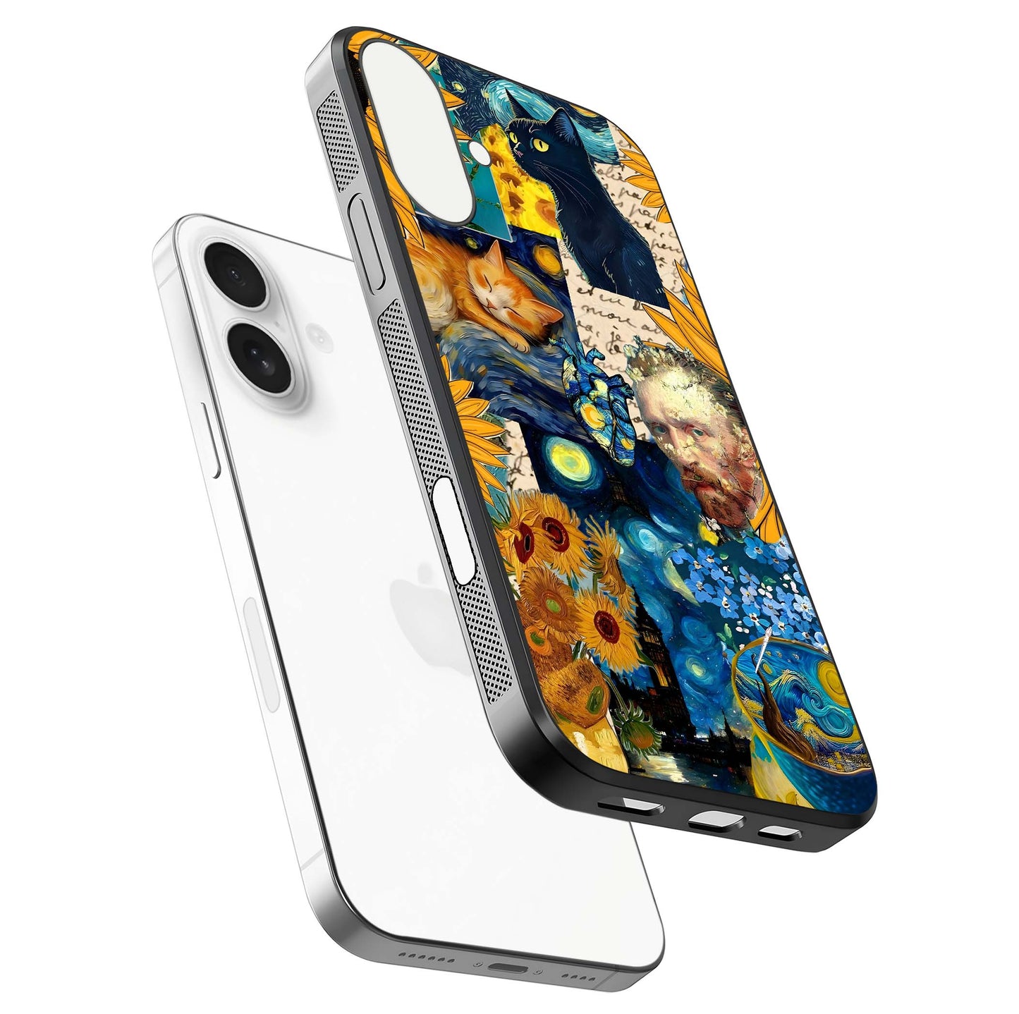 Sunflower Cat Art Glass Case for iPhone 17 floating dual-view mockup displaying gloss shine and HD art print