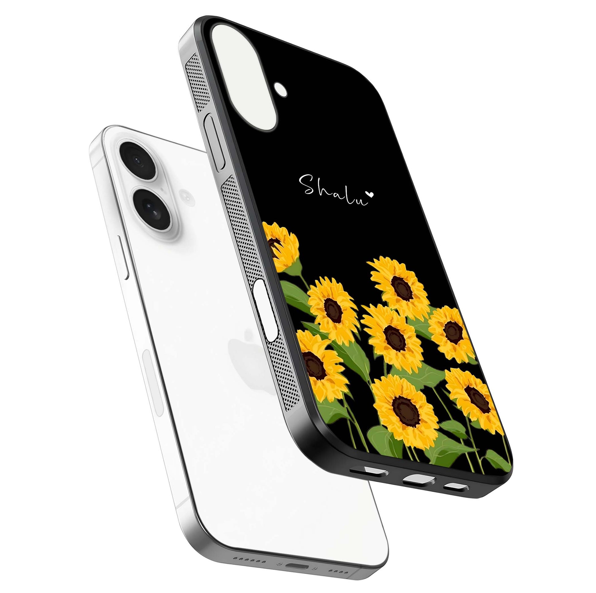 Sunflower Chic Mood Custom Name Glass Case for iPhone 17 floating dual-view mockup displaying gloss texture and detail