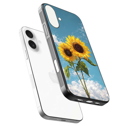 Sunflower Sky Bloom Glass Case for iPhone 17 floating dual-view mockup displaying gloss shine and vibrant texture