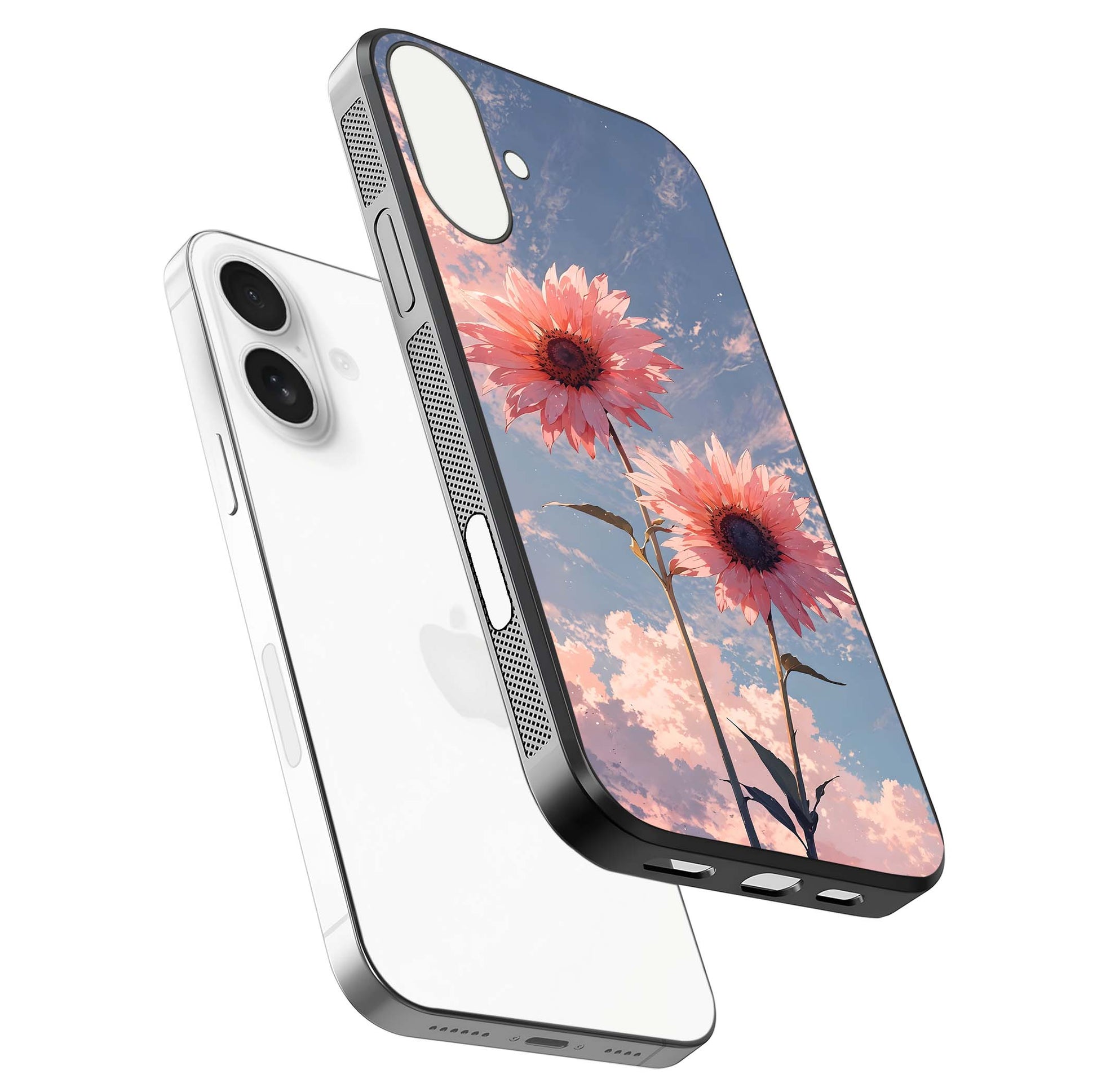 Sunlit Daisy Glow Glass Case for iPhone 17 floating dual-view mockup displaying gloss finish and HD print