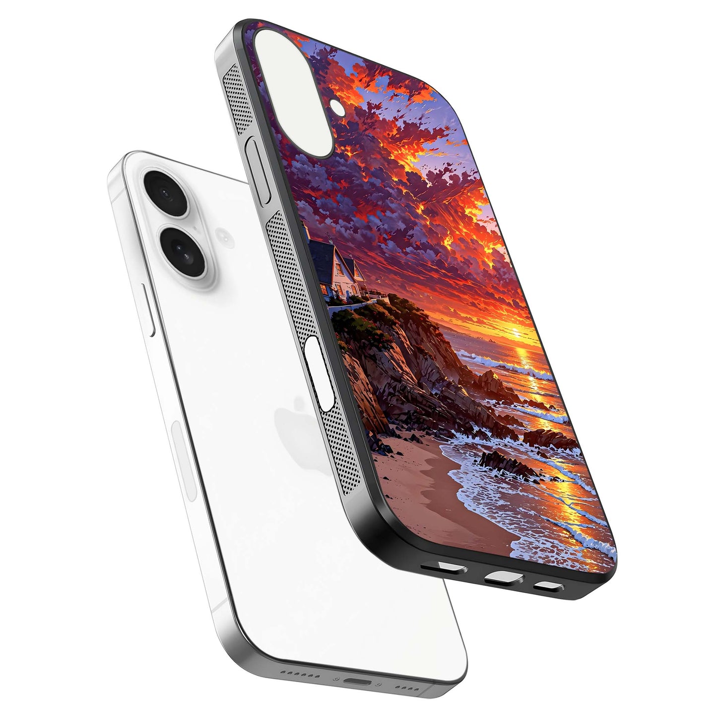 Sunset House by Sea Glass Case for iPhone 17 floating dual-view mockup displaying gloss shine and depth