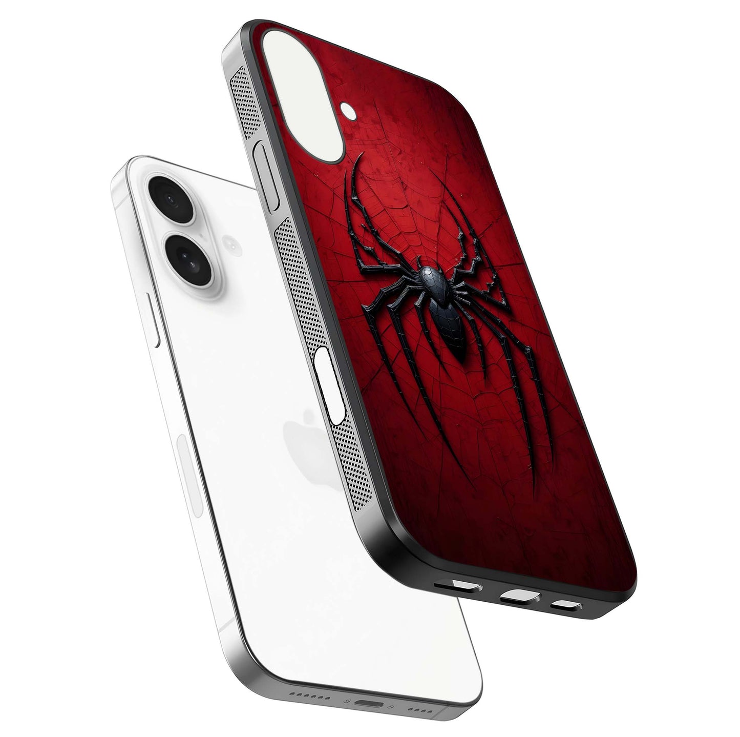 Venom Web Emblem Glass Case for iPhone 17 floating dual-view mockup displaying gloss shine and HD print