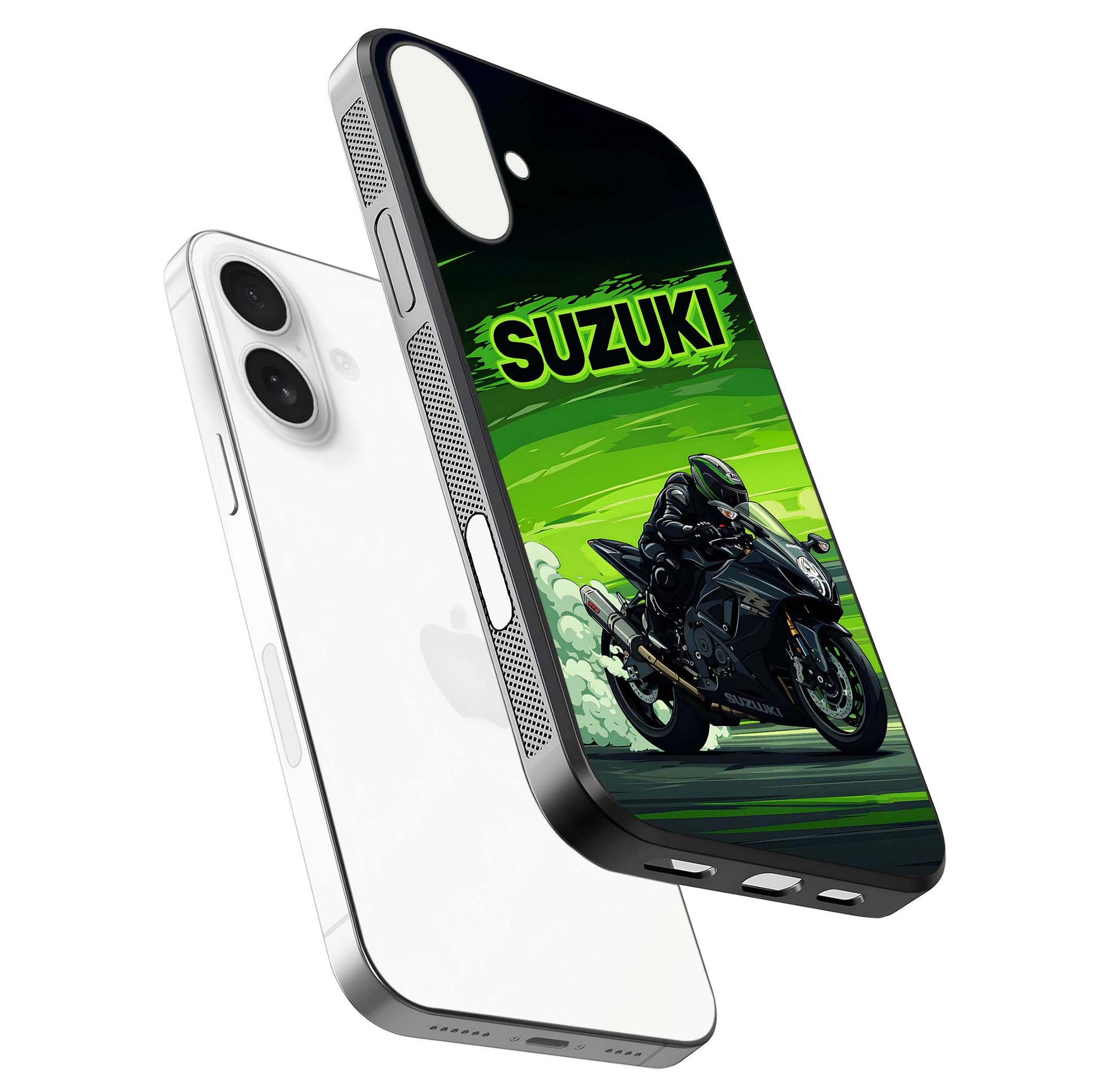 Suzuki Speed Beast Glass Case for iPhone 17 floating dual-view mockup displaying gloss texture and shine