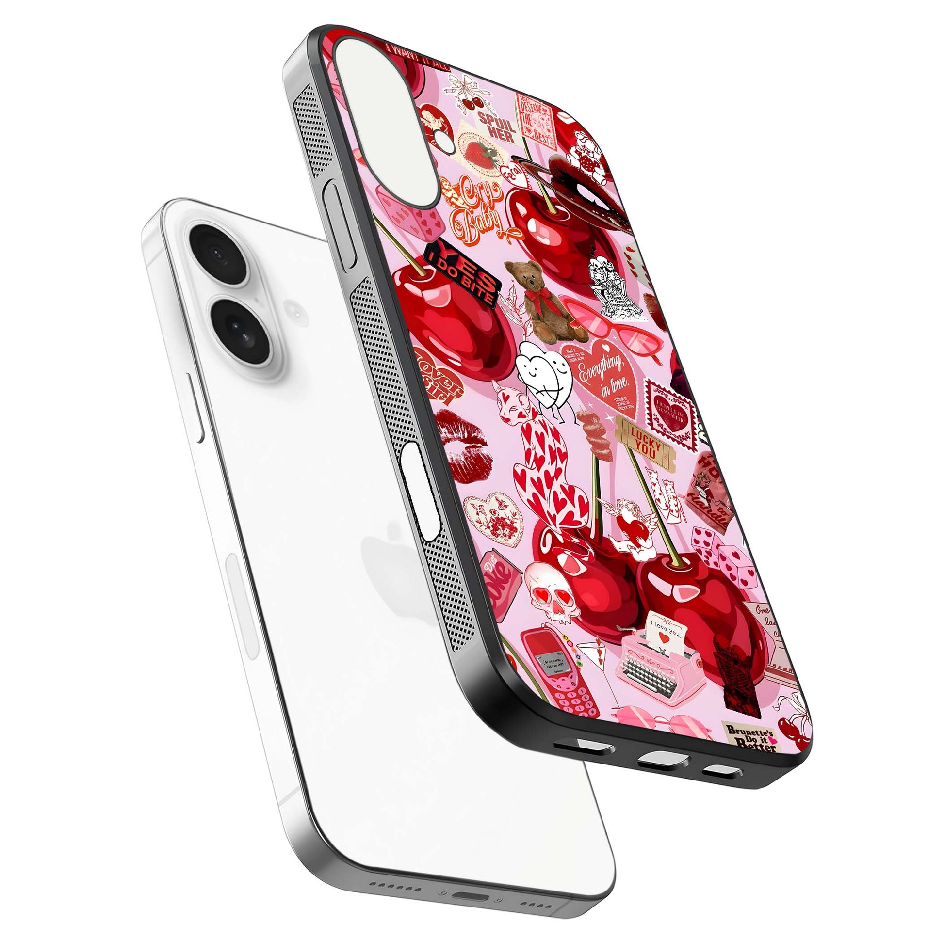 Sweet Cherry Chaos Glass Case for iPhone 17 floating dual-view mockup displaying gloss surface and depth