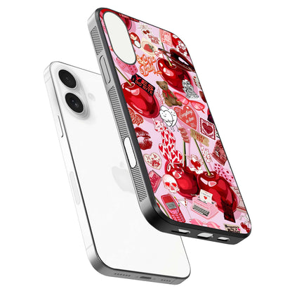 Sweet Cherry Chaos Glass Case for iPhone 17 floating dual-view mockup displaying gloss surface and depth