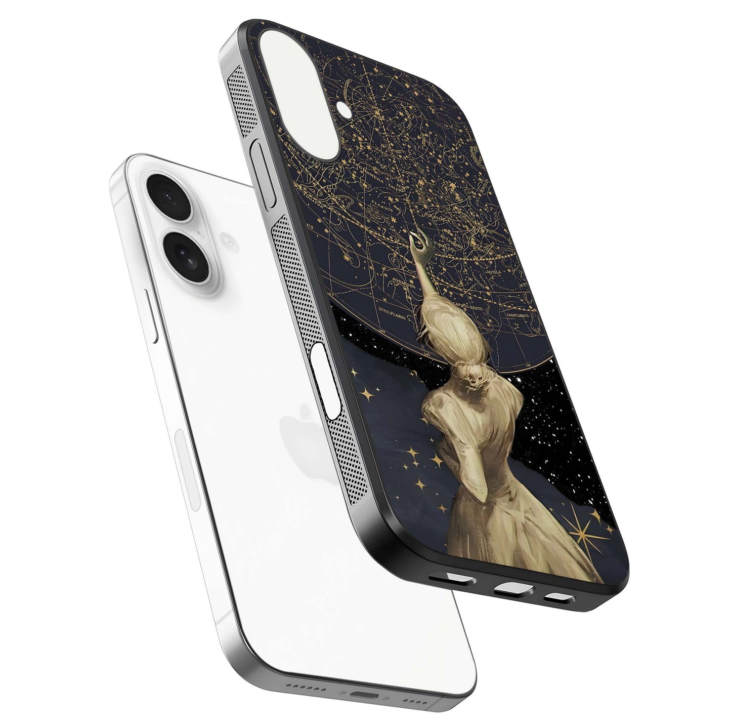 Taylor Swift Girl Glass Case for iPhone 17 floating dual-view mockup displaying gloss and stylish artwork
