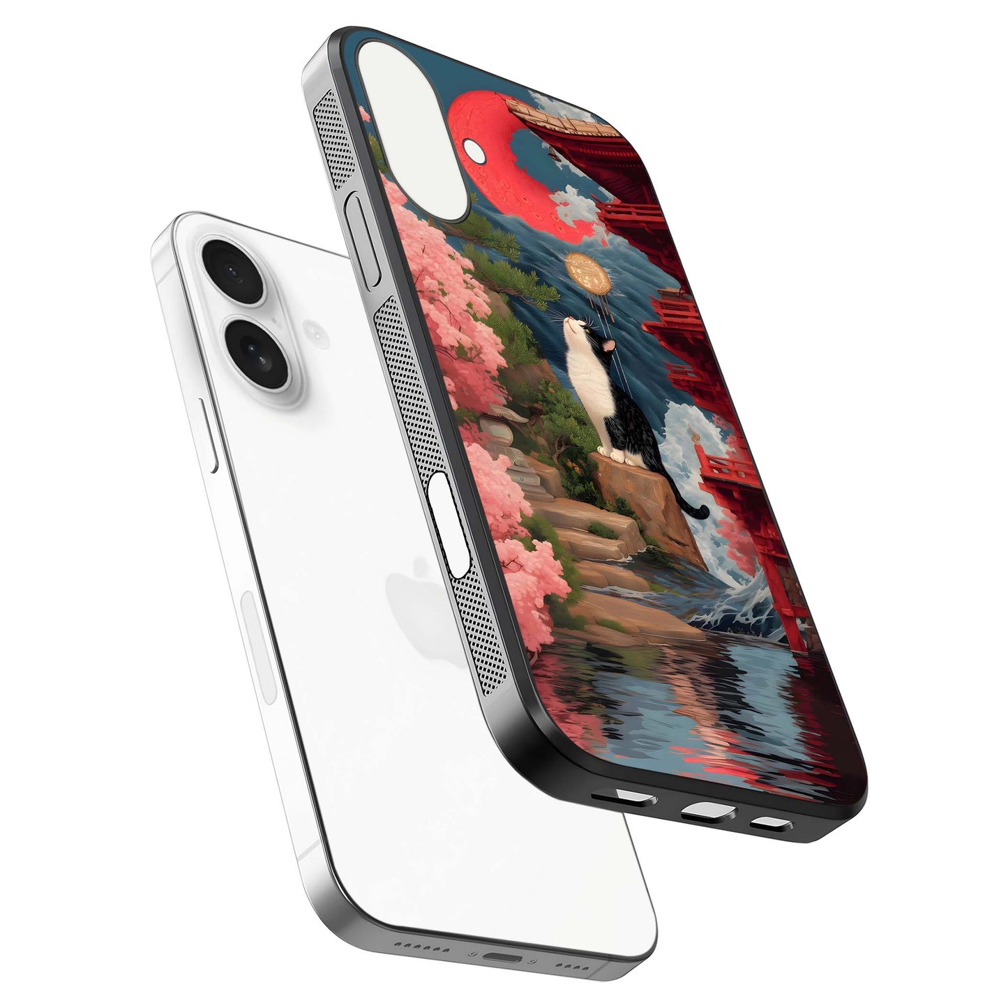 Temple Cat Scenery Glass Case for iPhone 17 floating dual-view mockup displaying gloss and depth detail