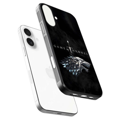 Throne Wolf Legacy Glass Case for iPhone 17 floating dual-view mockup displaying gloss depth and wolf artwork