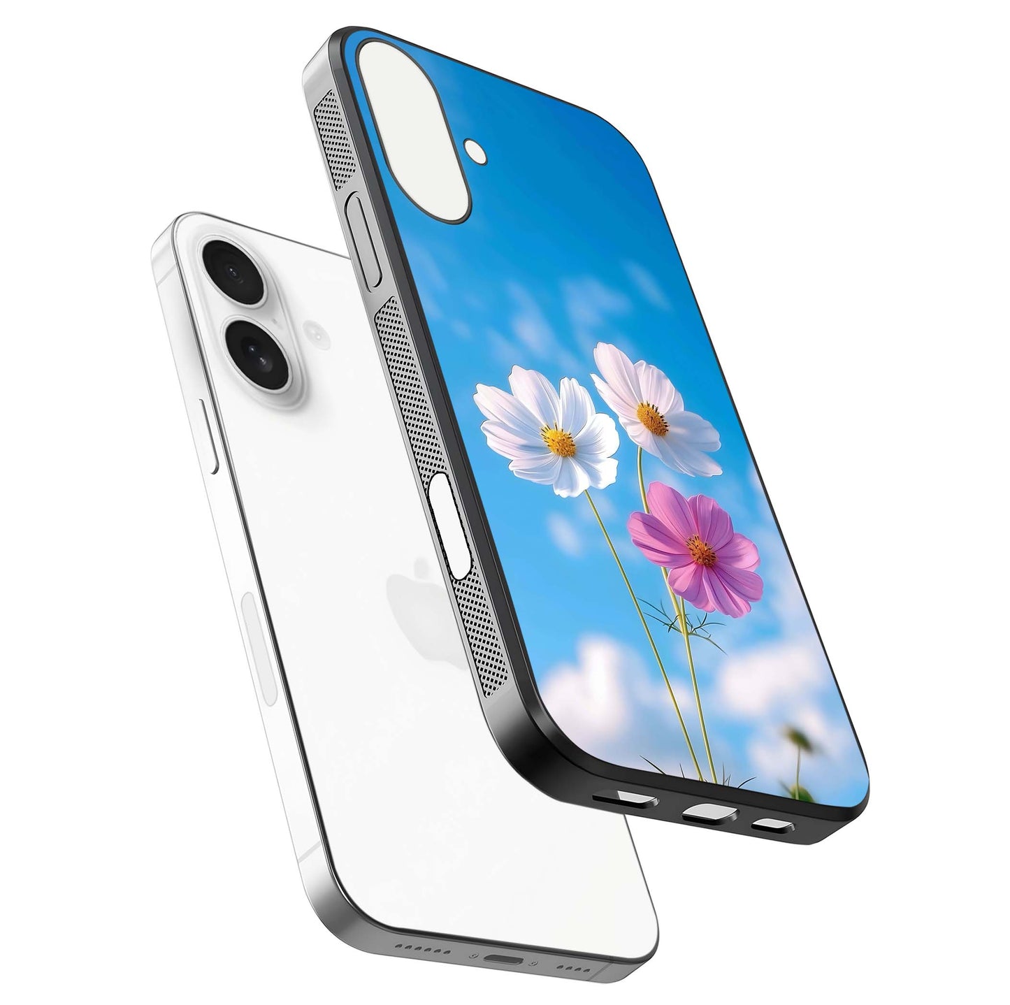 Triple Flowers With Sky Glass Case for iPhone 17 floating dual-view mockup displaying gloss and soft hues