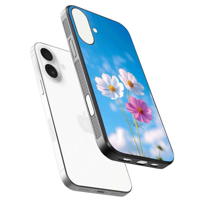Triple Flowers With Sky Glass Case for iPhone 17 floating dual-view mockup displaying gloss and soft hues