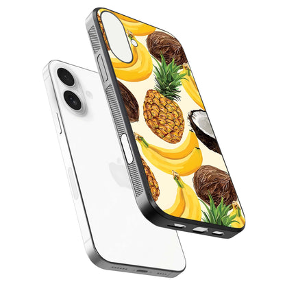 Tropical Fruit Mood Glass Case for iPhone 17 floating dual-view mockup displaying gloss and vibrant colors