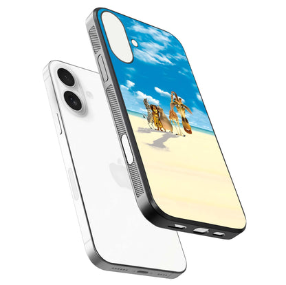 Tropical Fun Squad Glass Case for iPhone 17 floating dual-view mockup displaying gloss reflection and contrast