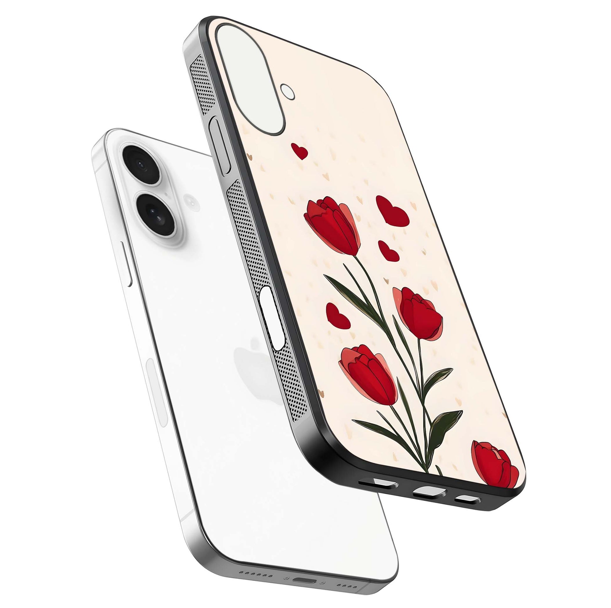 Tulip With Heart Glass Case for iPhone 17 floating dual-view mockup displaying gloss texture and shine