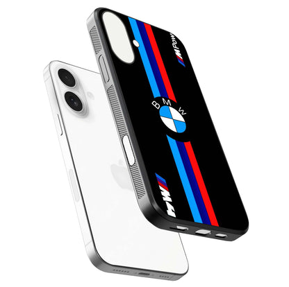 Turbo BMW Beast Glass Case for iPhone 17 floating dual-view mockup displaying gloss texture and vivid print