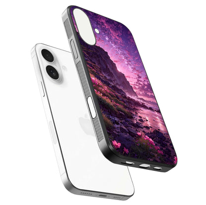 Twilight Blossom Coast Glass Case for iPhone 17 floating dual-view mockup displaying gloss surface and detail