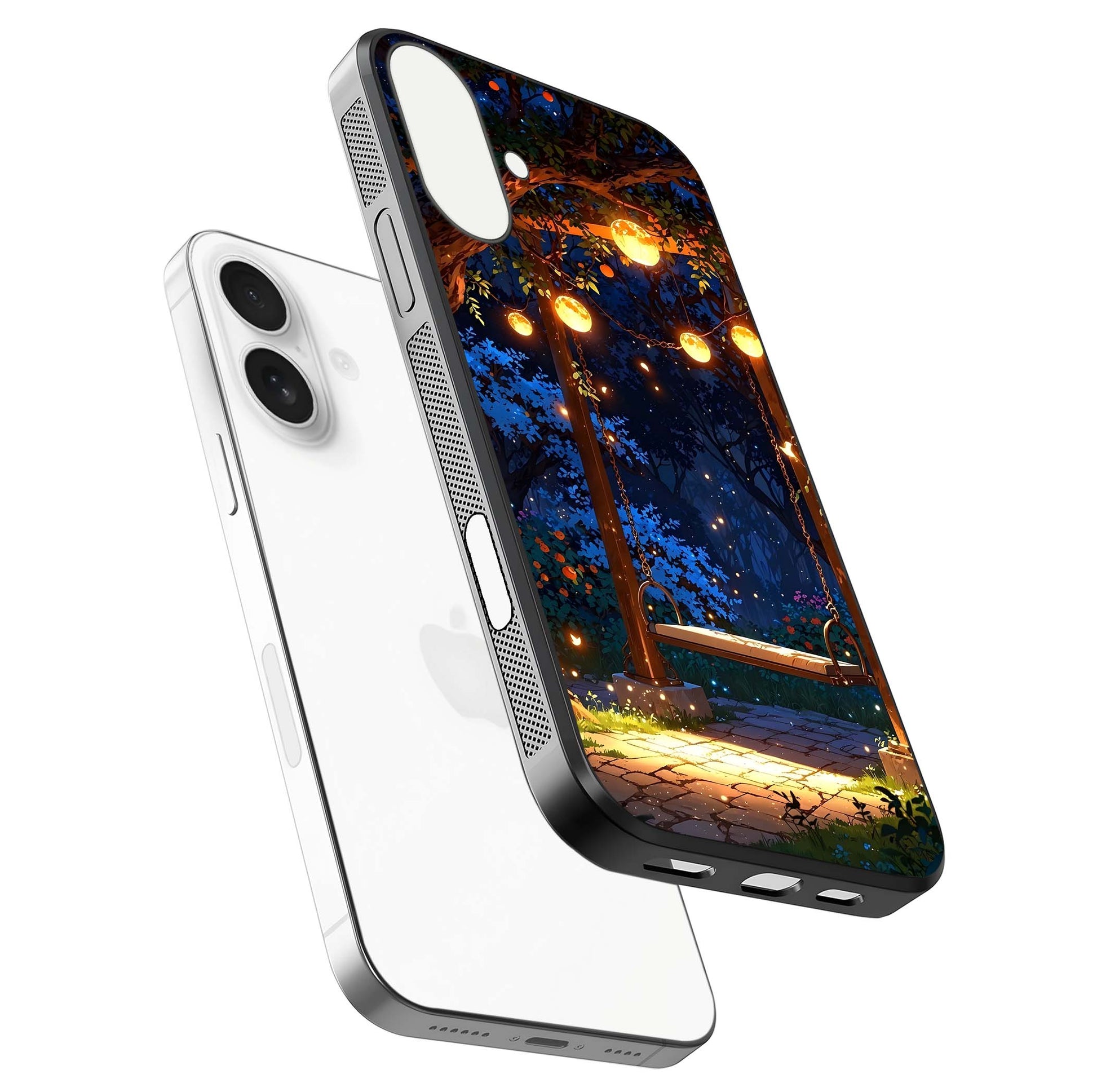 Twilight Garden Swing Glass Case for iPhone 17 floating dual-view mockup displaying gloss and tone balance