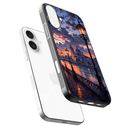 Twilight River Lights Glass Case for iPhone 17 floating dual-view mockup displaying gloss shine and vivid details