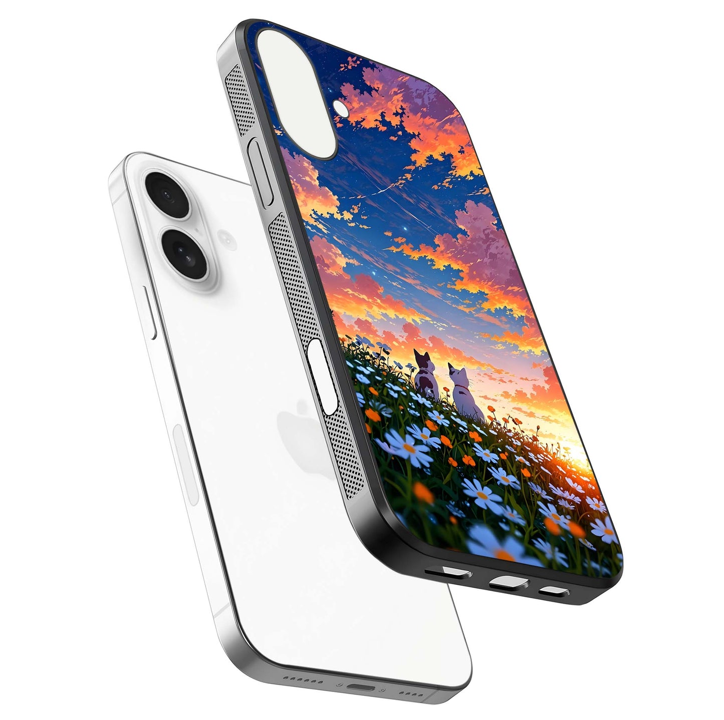 Two Cats Friends Glass Case for iPhone 17 floating dual-view mockup displaying gloss surface and HD print