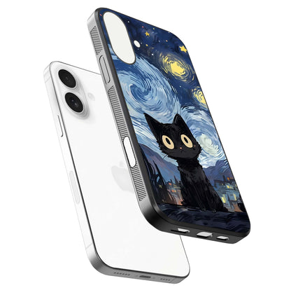 Van Gogh Cat Glass Case for iPhone 17 floating dual-view mockup displaying gloss shine and artistic texture