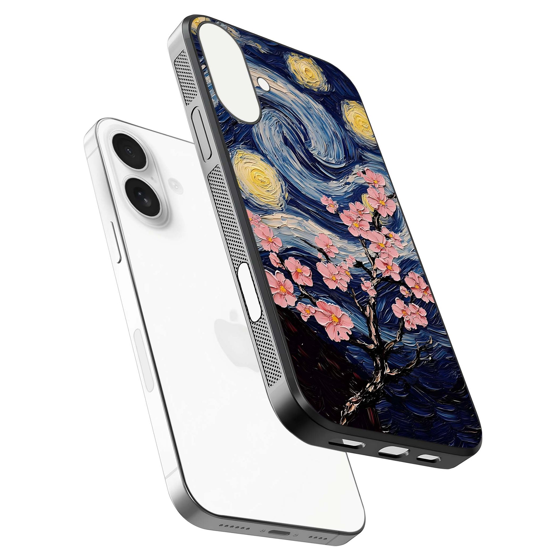 Van Gogh Scenery Glass Case for iPhone 17 floating dual-view mockup displaying gloss reflection and HD quality
