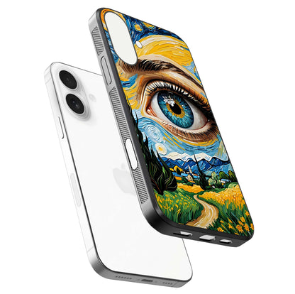 Van Gogh Eye Glass Case for iPhone 17 floating dual-view mockup displaying gloss texture and depth