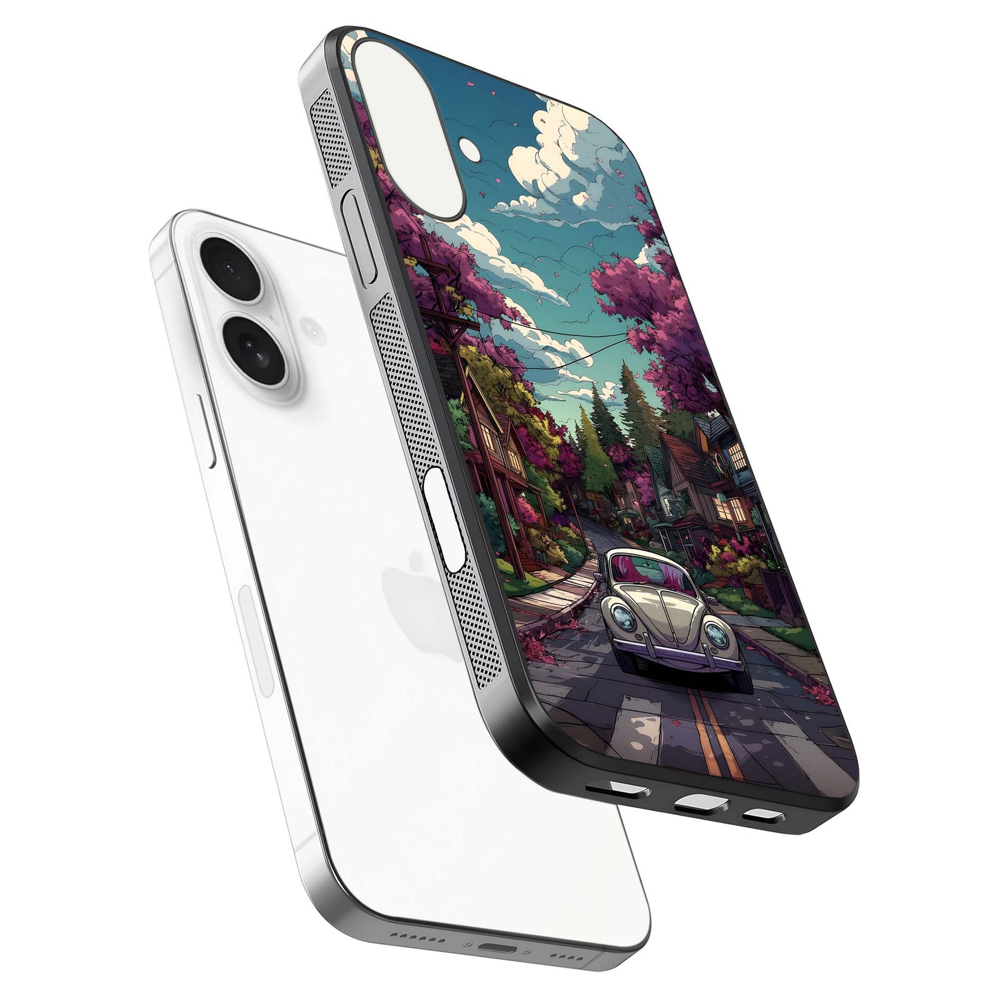 Vintage Street Drive Glass Case for iPhone 17 floating dual-view mockup displaying gloss shine and texture