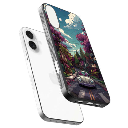 Vintage Street Drive Glass Case for iPhone 17 floating dual-view mockup displaying gloss shine and texture