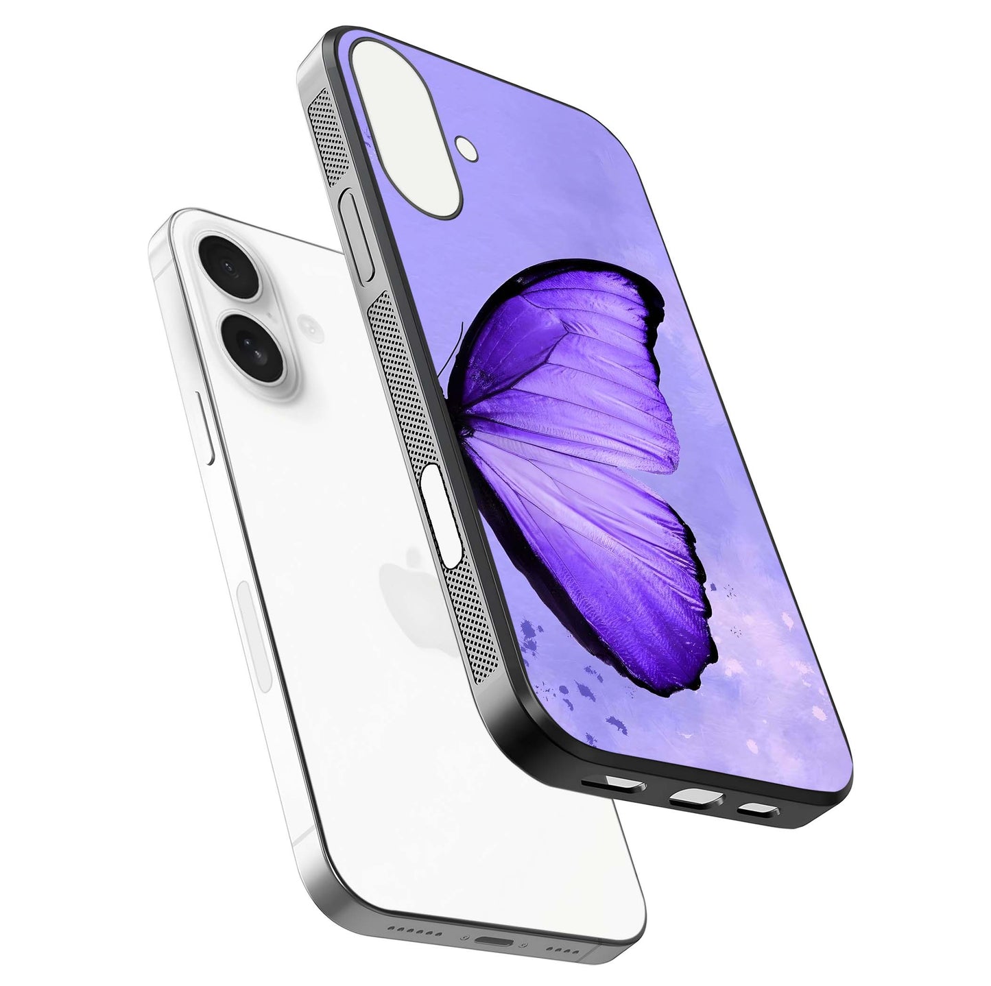 Violet Dream Wing Glass Case for iPhone 17 floating dual-view mockup displaying gloss depth and clarity