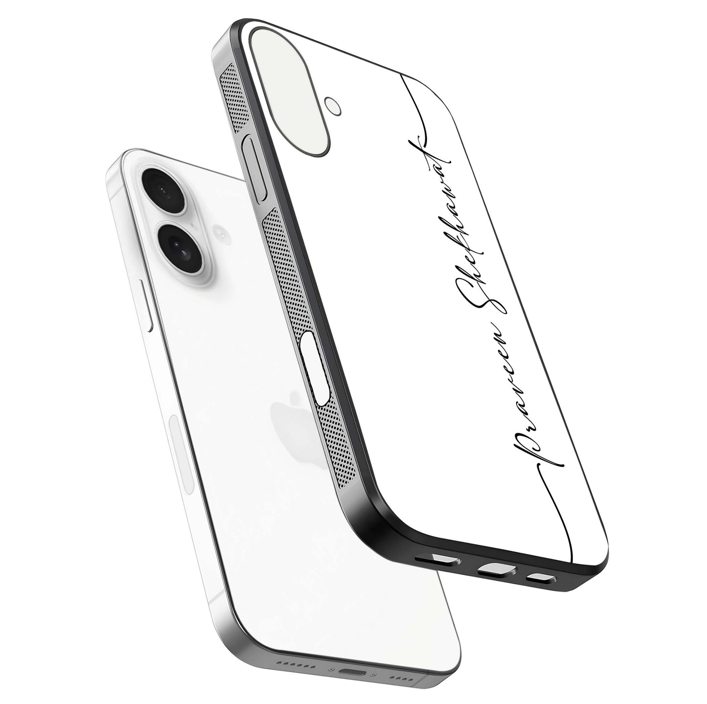 White Tune Custom Name Glass Case for iPhone 17 floating dual-view mockup displaying gloss and HD detail