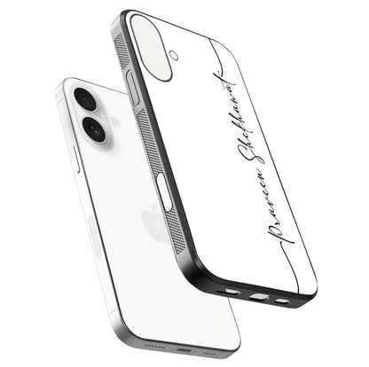 White Tune Custom Name Glass Case for iPhone 17 floating dual-view mockup displaying gloss and HD detail