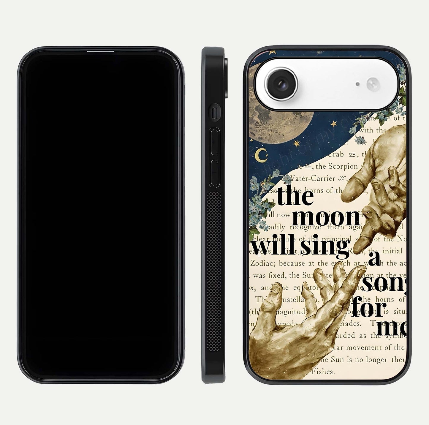 Aesthetic Divine Glass Case for iPhone Air  front and back view layout showing black front display and divine art glass back