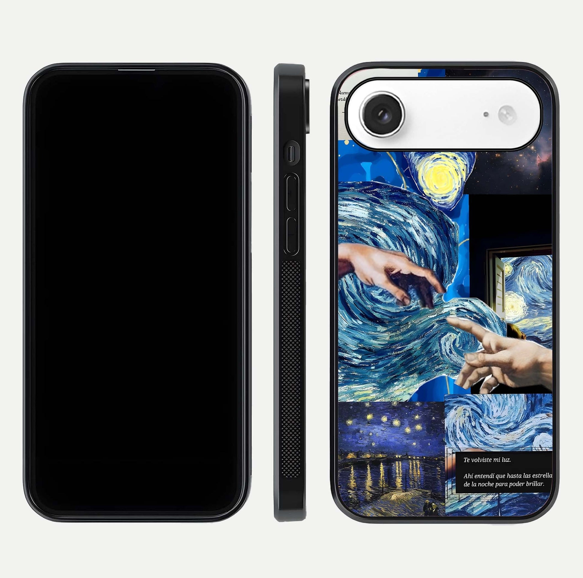 Aesthetic Vando Hands Glass Case for iPhone Air  front and back layout highlighting camera cutout and premium glass shine