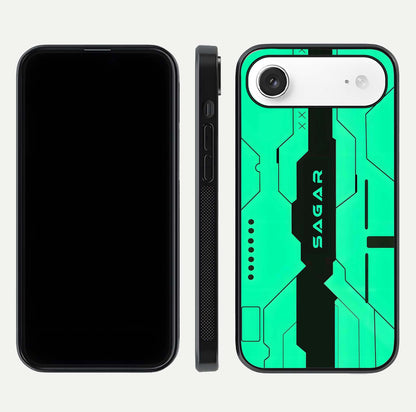 Aqua Tech CYBERPUNK Custom Name Glass Case for iPhone Air  front and back display showing sleek tech pattern and shine