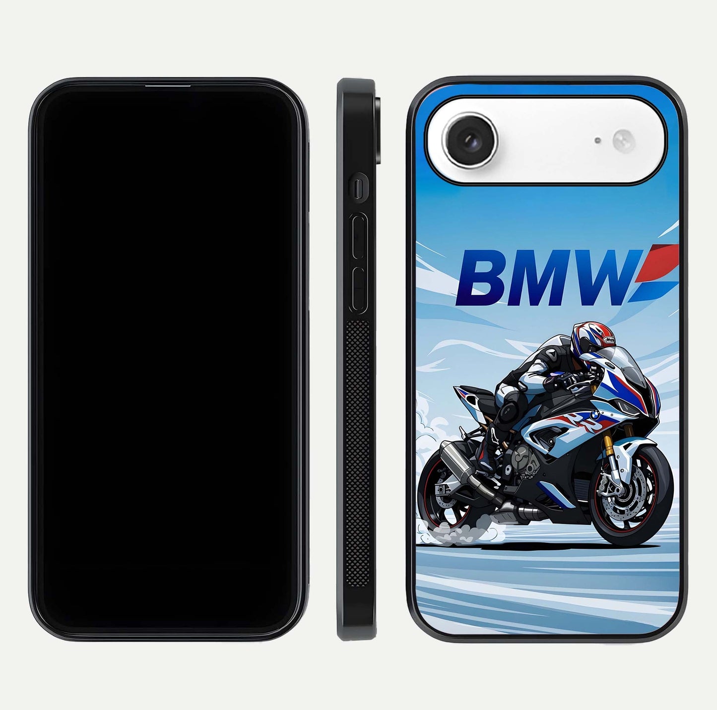BMW Power Drift Glass Case for iPhone Air  dual-view layout showing energy pattern and edge clarity