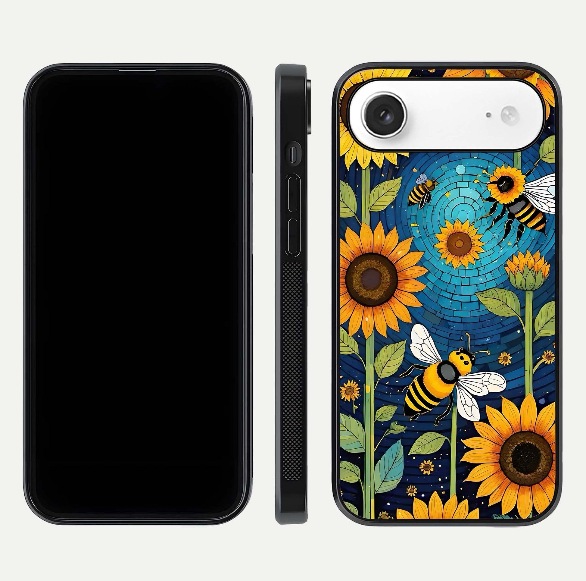 Bees & Sunflowers Glass Case for iPhone Air  front-and-back layout highlighting nature-inspired artwork and protective edge