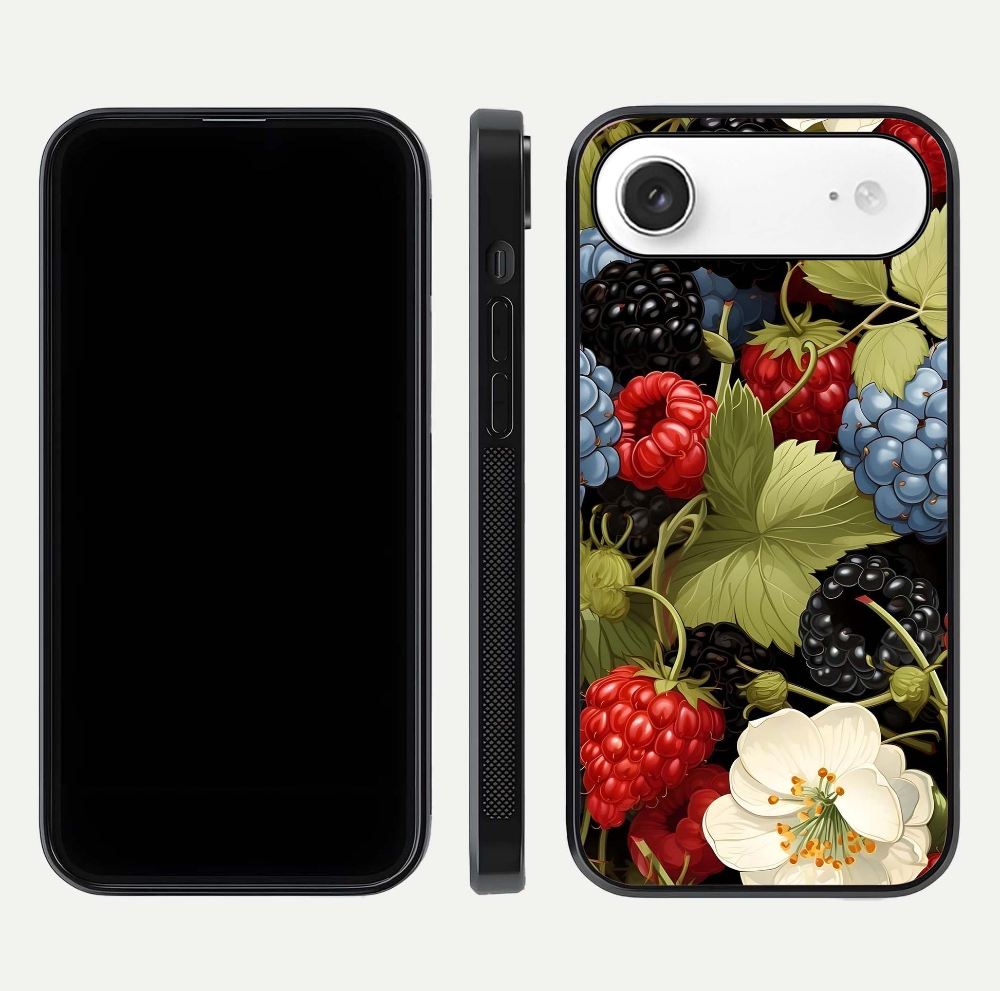 Berry Bloom Charm Glass Case for iPhone Air  front-and-back layout showing floral pattern continuity and smooth glass shine