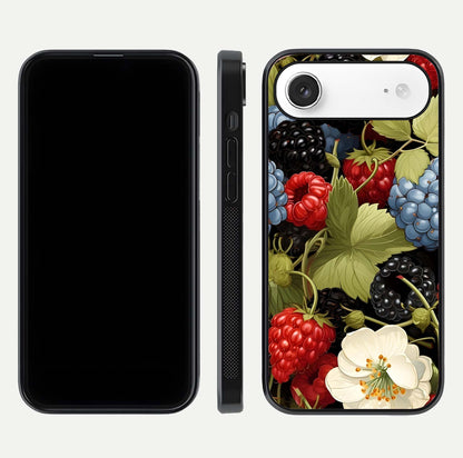 Berry Bloom Charm Glass Case for iPhone Air  front-and-back layout showing floral pattern continuity and smooth glass shine