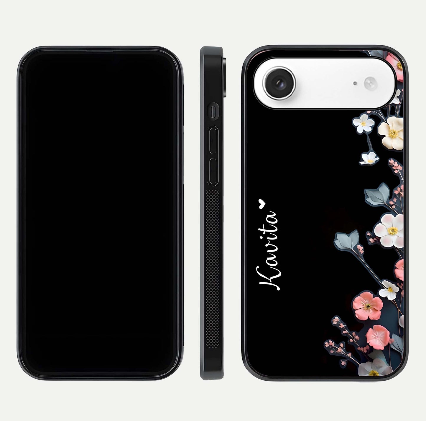 Black Elegance Floral Custom Name Glass Case for iPhone Air  dual-view layout displaying name placement and gloss finish
