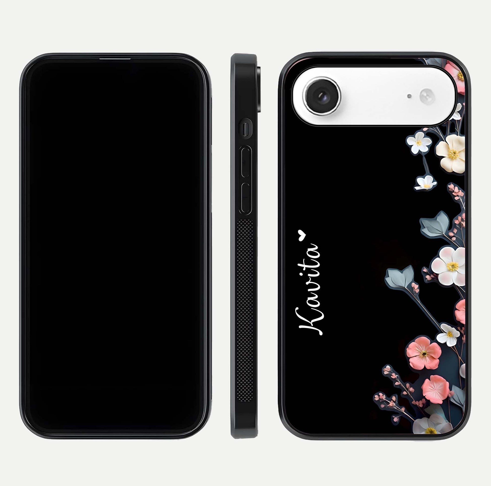 Black Elegance Floral Custom Name Glass Case for iPhone Air  dual-view layout displaying name placement and gloss finish
