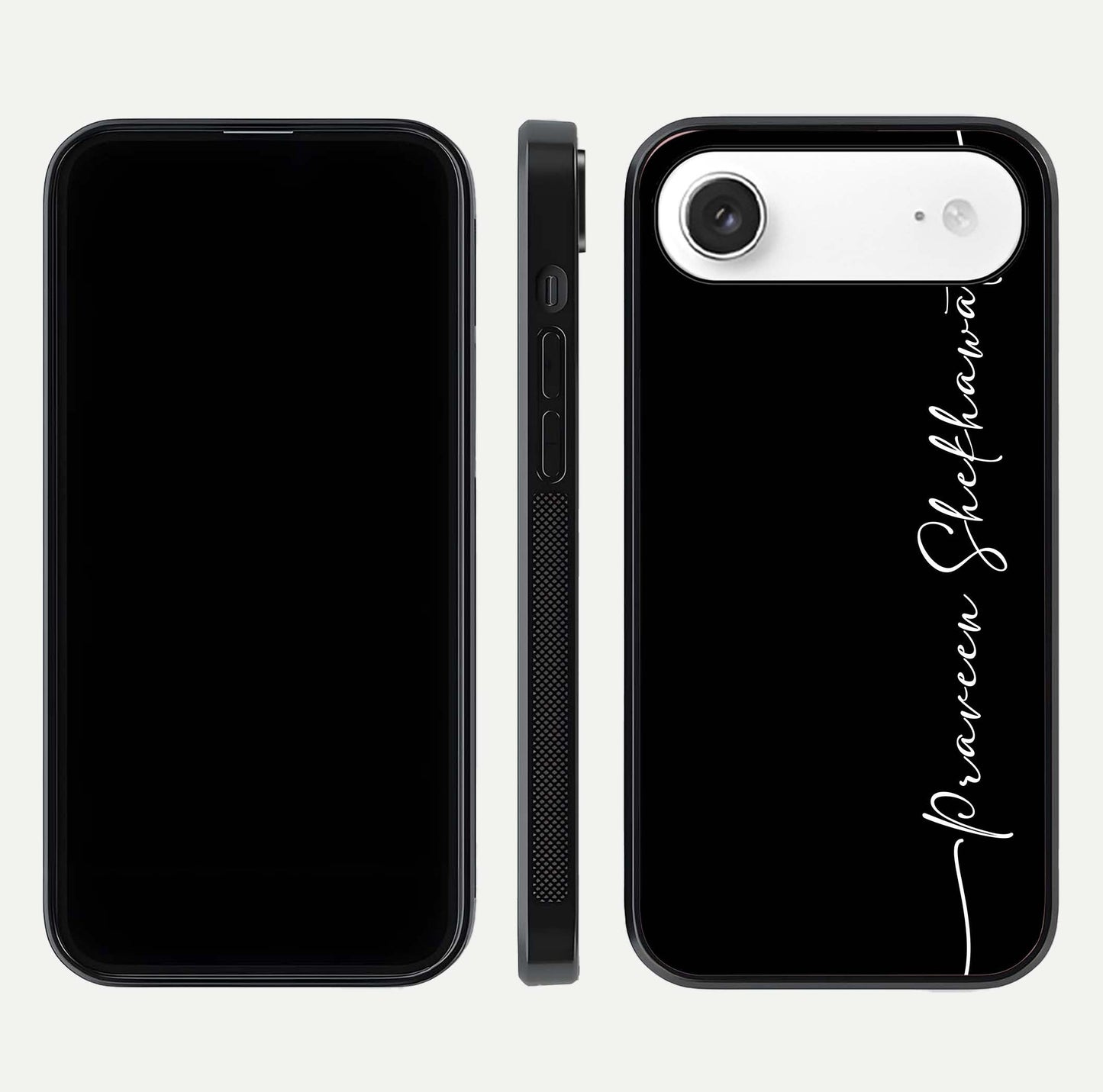 Black Tune Custom Name Glass Case for iPhone Air  front-and-back layout showing personalized name zone and edges