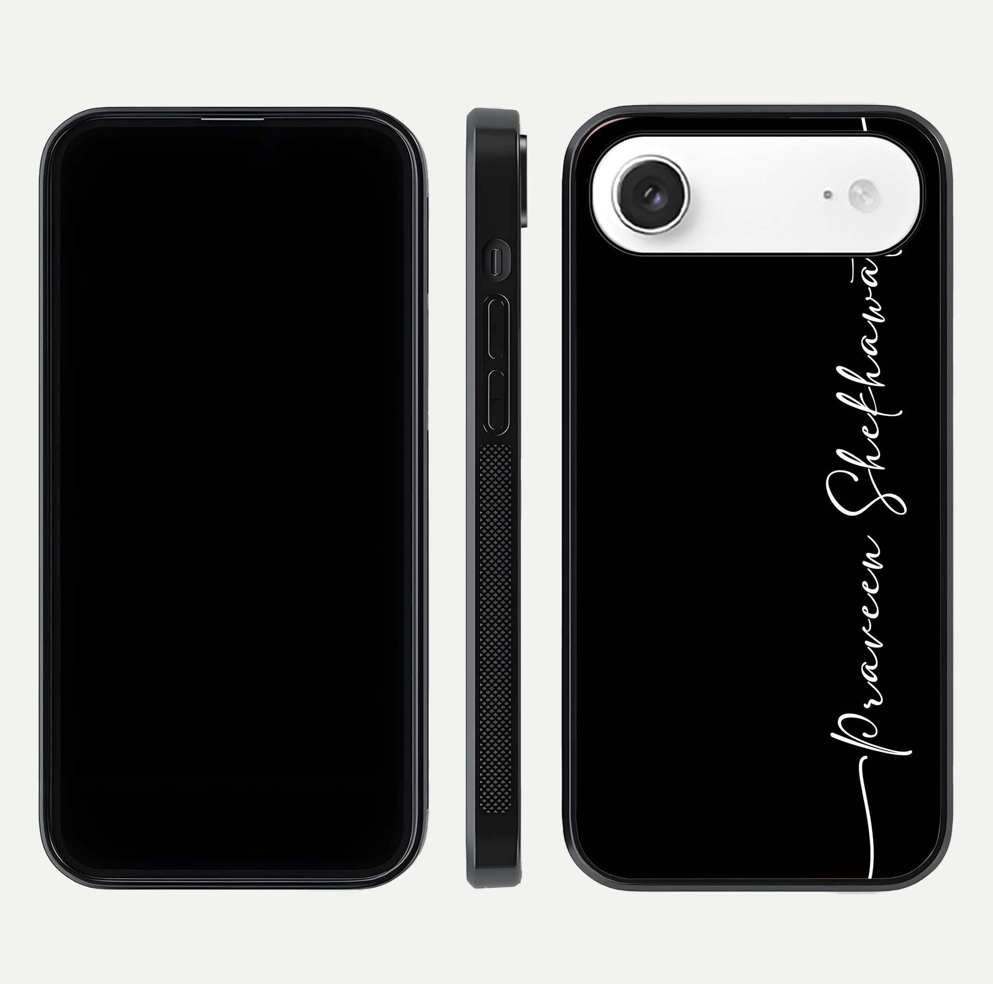 Black Tune Custom Name Glass Case for iPhone Air  front-and-back layout showing personalized name zone and edges