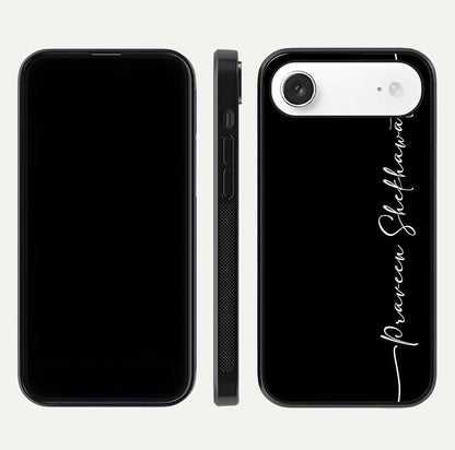 Black Tune Custom Name Glass Case for iPhone Air  front-and-back layout showing personalized name zone and edges