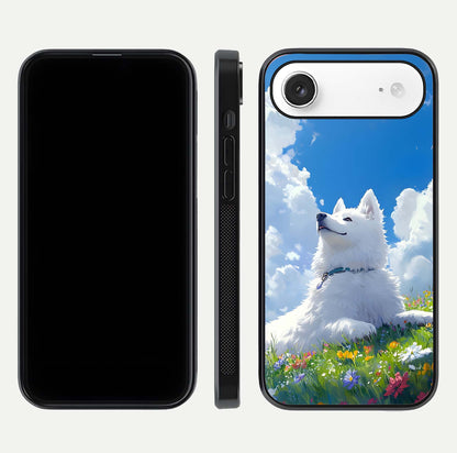 Blissful Cloud Pup Glass Case for iPhone Air  front-and-back layout showing art alignment and edge design