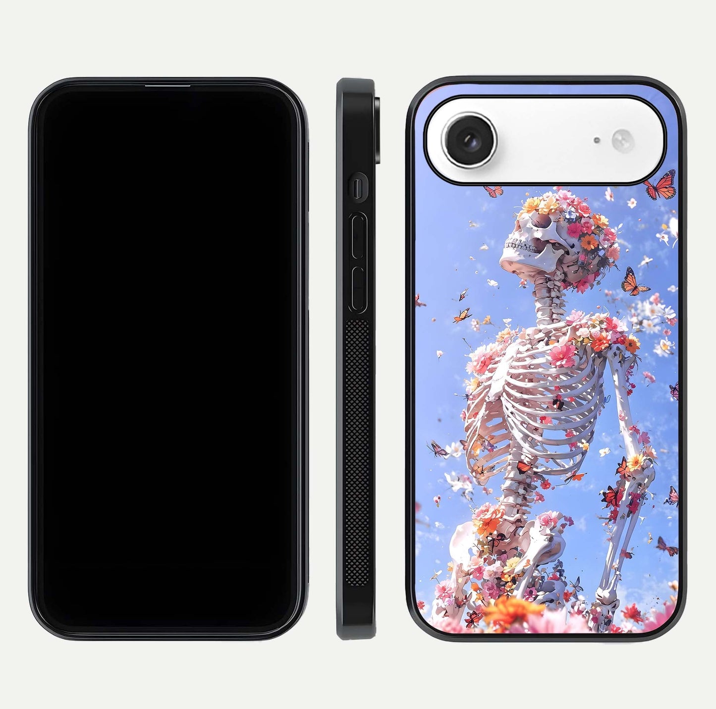 Bloom Beyond Bones Glass Case for iPhone Air  dual-view layout showing creative aesthetic and edge design