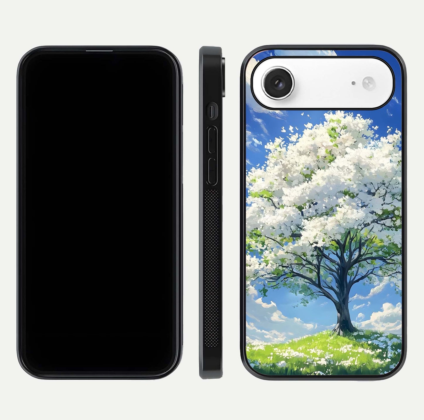 Blossom Sky Serenity Glass Case for iPhone Air  dual-view layout showing pastel hues and soft protective edges