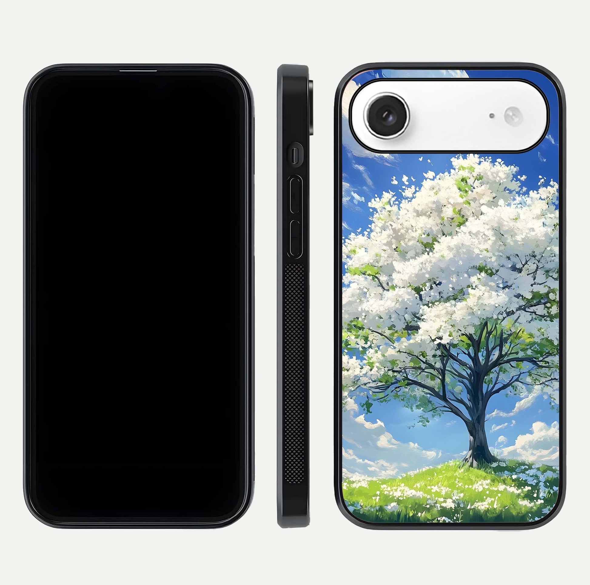 Blossom Sky Serenity Glass Case for iPhone Air  dual-view layout showing pastel hues and soft protective edges