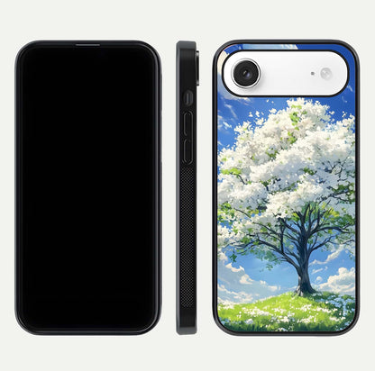 Blossom Sky Serenity Glass Case for iPhone Air  dual-view layout showing pastel hues and soft protective edges